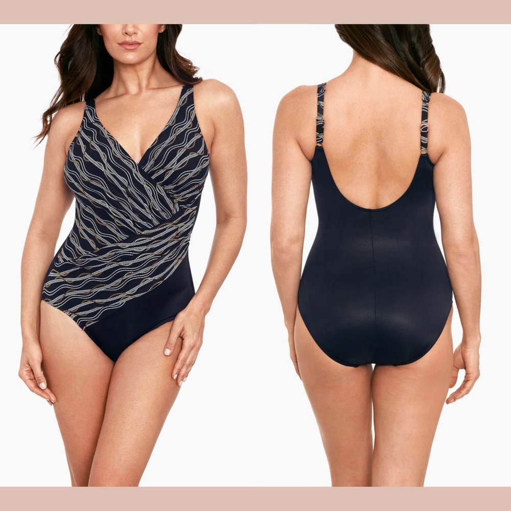 NEW $190 Miraclesuit [ 14 ] Oceanus‎ Linked In One Piece Swimsuit Black 7142